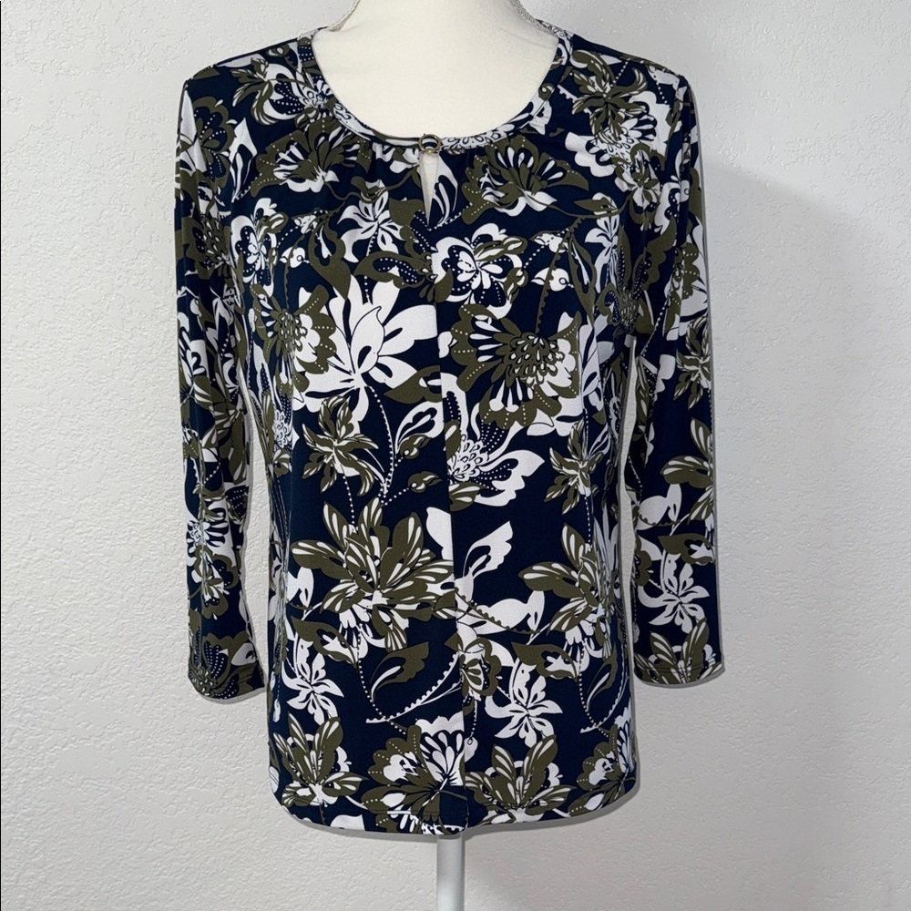 LIZ CLAIBORNE Navy and Olive Floral Blouse Size M